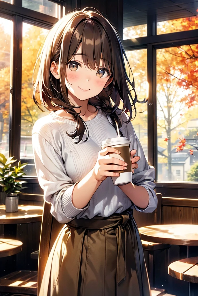  ・Beautiful girl smiling while holding a cup at the cafe by the window
・Shortcut light brown hair、 casual knits and skirts
・Small plants and wooden table in the background 、
・Her expression is relaxed, 、 narrows her eyes and smiles gently
・Trees with red leaves outside 々I can see、A calm interior with an autumn-like sense of the season 