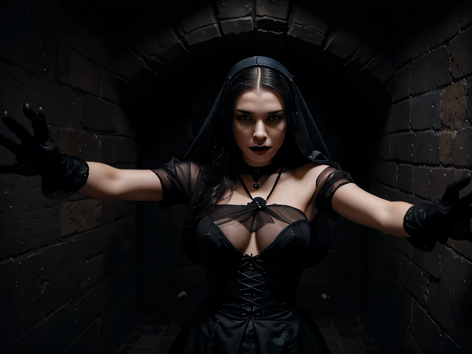 In a gothic chamber during a thunderstorm at night, a beautiful lady vampire makes love to a beautiful ecstatic eyes closed Nun in a gossamer habit , black gloves, masturbating, squirting on teh floor, .Use me darling. fuck me, i want to feel your hand inside my vagina...fuck me darling