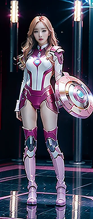 Accurate. 8K High Quality HD. Full Body Photo. Standing in a full height. Studio Background. 8k HD good quality image. Taeyeon from SNSD has an ideal body, big breast, big butt, sexy wavy body, straight long hair, wearing a COLOURED PINK and WHITE Iron Man suit without the helmet. PINK Iron pants. PINK Iron Boots. Mechanical big Purple hands. FULL BODY FROM HEAD TO TOE. Standing in a FULL HEIGHT FROM HEAD TO TOE. 

The picture must show a complete head to toe picture of TAEYEON