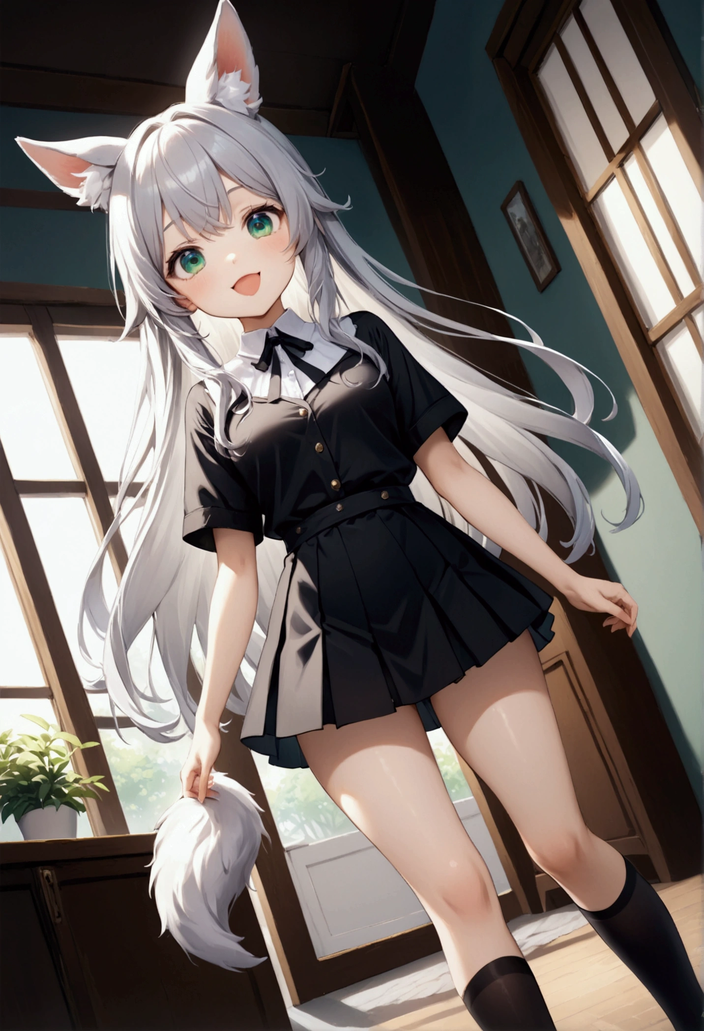  1 girl 、cute、green eyes, Gray Hair, Long Hair,  like fur ,Animal ears,Tail,  Mini Pleated Skirt  , masterpiece、Noise Reduction、 Perfect Anatomy、 High Resolution 、Super detailed、Game CG、 Dutch Angle 、  beautiful details 、 visual art、Perfect hands、Bright lighting、smile、Open your mouth、Daytime、  fantasy 、 bedroom 、window、Streetscape、 standing、