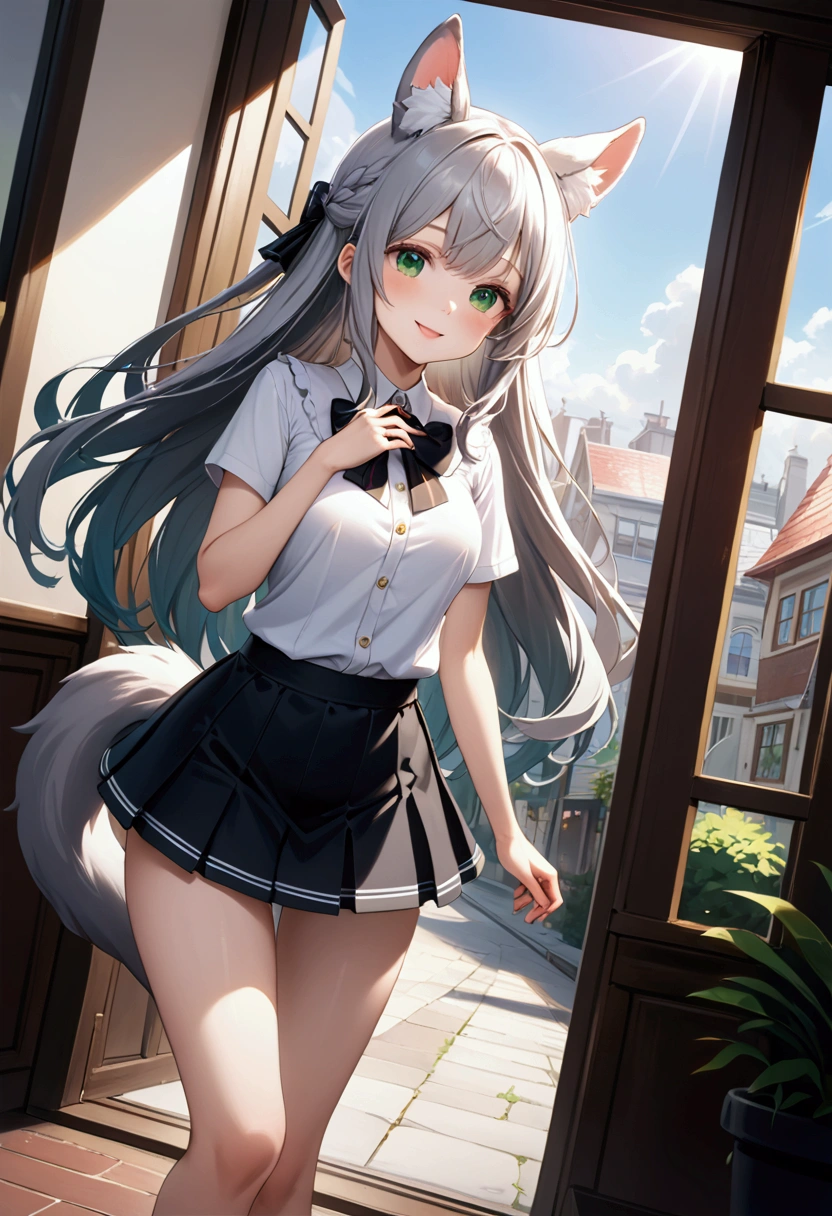  1 girl 、cute、green eyes, Gray Hair, Long Hair,  like fur ,Animal ears,Tail,  Mini Pleated Skirt  , masterpiece、Noise Reduction、 Perfect Anatomy、 High Resolution 、Super detailed、Game CG、 Dutch Angle 、  beautiful details 、 visual art、Perfect hands、Bright lighting、smile、Open your mouth、Daytime、  fantasy 、 bedroom 、window、Streetscape、 standing、