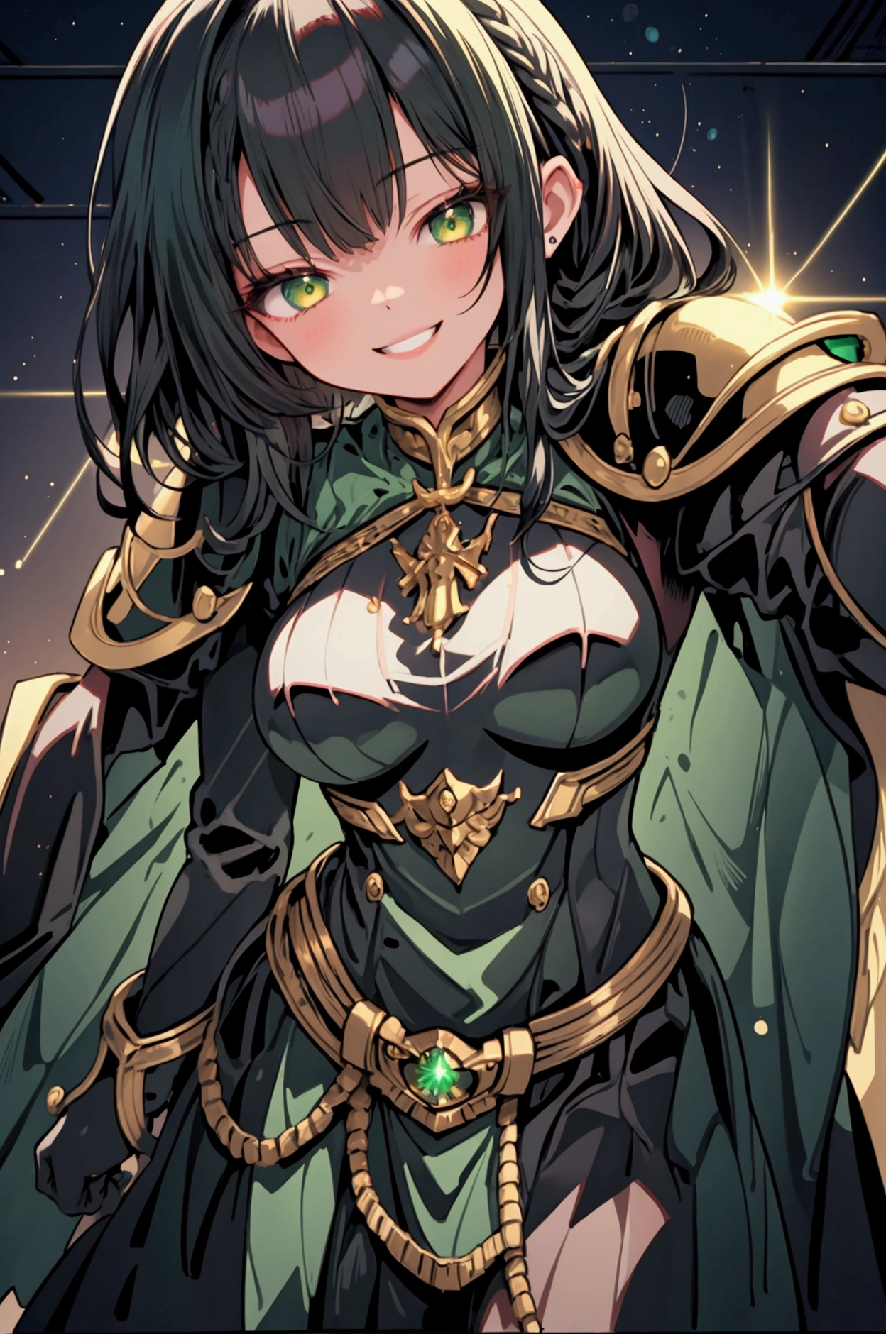 1 of 1 girls, armor, black_hair, Blurred, Blurred_background, Blurred_prospect, chest, green_eye, Closed_mouth, depth_of_Field, Earrings, jewelry, length_hair, Looking_in_Audience, smile, One person in, upper_body