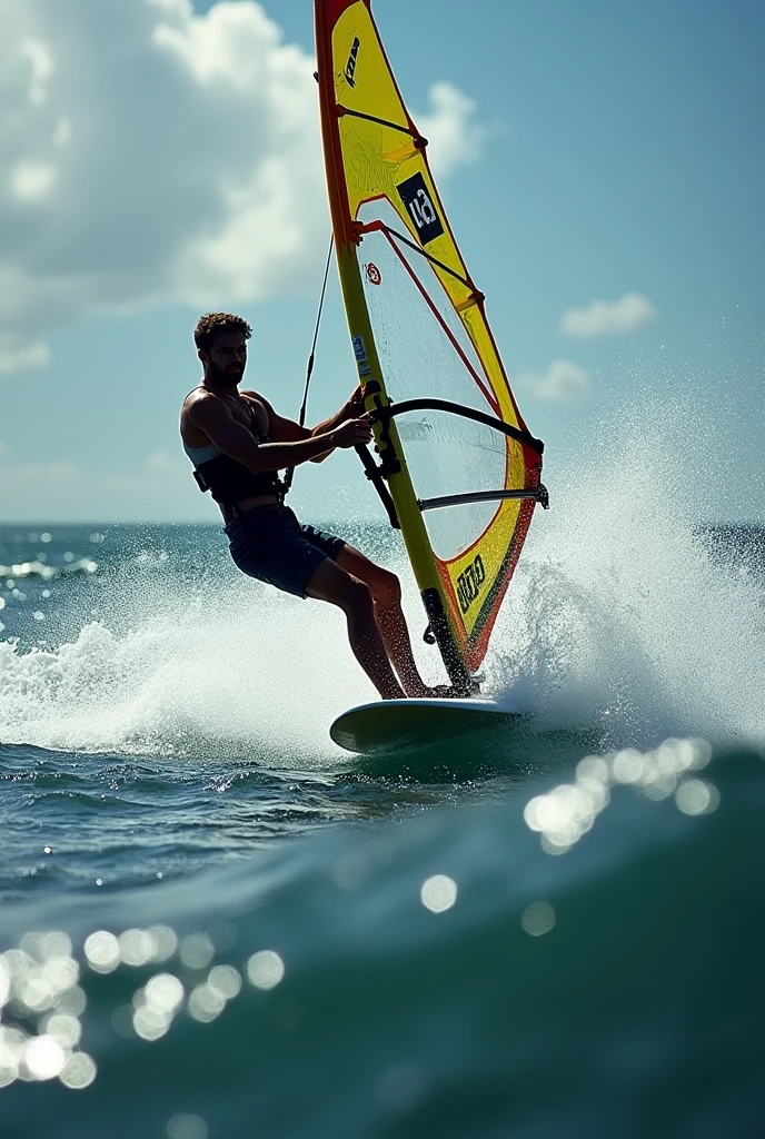 8k,8K resolution,2 Muscular Europeans, handsome man,charming eyes,rough real skin,beautiful, smooth and shiny,Full muscles,Thick body hair, (Wearing fashionable swimming trunks),big bag,emphasize,(Windsurfing on the sea),The two men stood on the pole of Dongzi's sail and waved the sail, both of them were brave.,Two people were chasing each other on the sea while swinging their windsurfing boards.,Move forward quickly with both feet on the windsurfing board,Beautiful and professional pose,professional lighting,Professional photography,Realistic photos,realistic model,realistic art