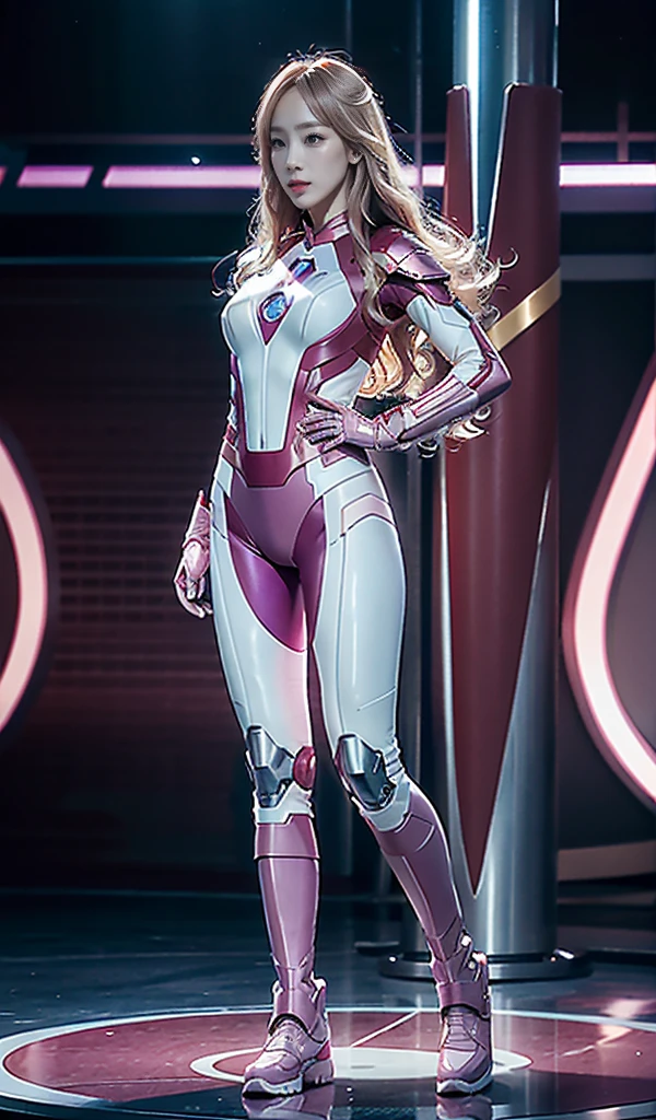 Accurate. 8K High Quality HD. Full Body Photo. Standing in a full height. Studio Background. 8k HD good quality image. Taeyeon from SNSD has an ideal body, big breast, big butt, sexy wavy body, straight long hair, wearing a COLOURED PINK and WHITE Iron Man suit without the helmet. PINK Iron pants. PINK Iron Boots. Mechanical big Purple hands. FULL BODY FROM HEAD TO TOE. Standing in a FULL HEIGHT FROM HEAD TO TOE. 

The picture must show a complete head to toe picture of TAEYEON