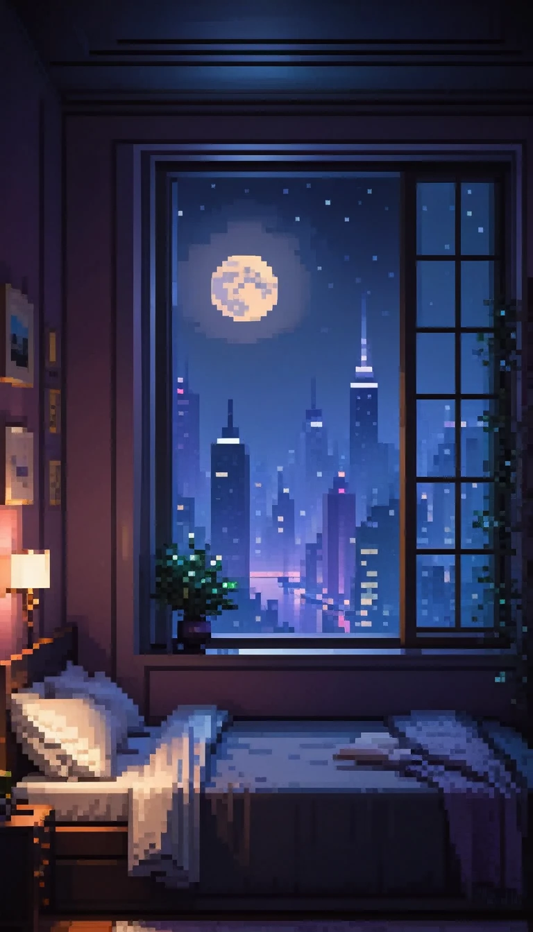 a bed in a room with a window, dark night city view, full moon, lofi, warm lighting, cinematic, moody atmosphere, detailed interior, cozy ambiance, dreamy, atmospheric, soft textures, muted colors, natural lighting, mystical, romantic, intricate details, photorealistic, high quality, masterpiece