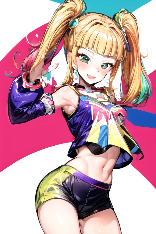 ( best quality, Super detailed),  1 very young very ，Baby Face，Alone， body type， flat chest，Small Ass， arms crossed behind ，Fancy fixes，happy， too many flashy accessories ，colorful, Kogal, Brat，Low leg hotpants ,  Detached Sleeves , Pet Collars，Smiling face, Green,