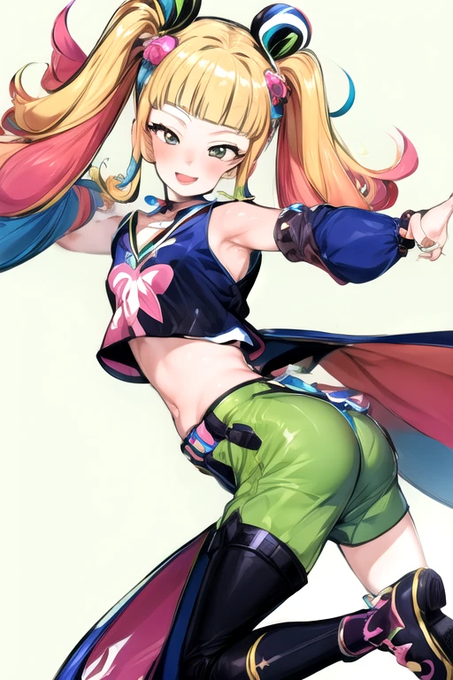 ( best quality, Super detailed),  1 very young very ，Baby Face，Alone， body type， flat chest，Small Ass， arms crossed behind ，Fancy fixes，happy， too many flashy accessories ，colorful, Kogal, Brat，Low leg hotpants ,  Detached Sleeves , Pet Collars，Smiling face, Green,