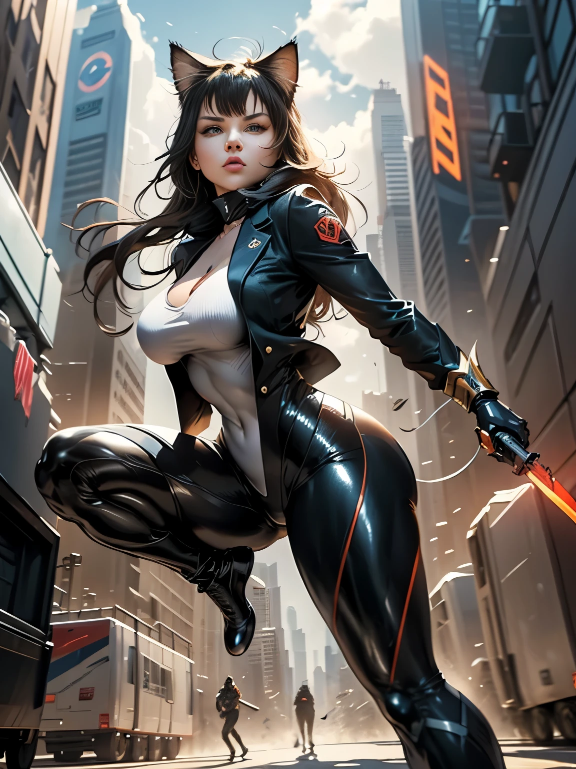 masterpiece、realistic、Beautiful woman with messy black hair、fight against evil、sharp eyes、High leg hero suit with tube top、fighting pose、Moonlight night