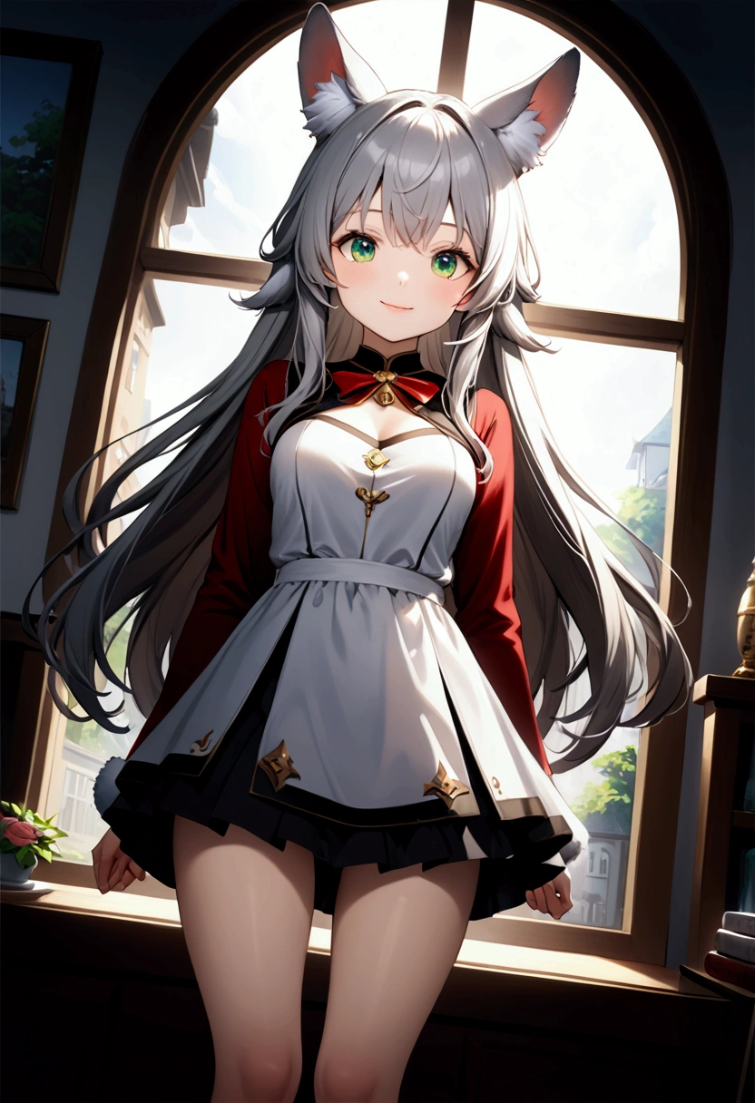  1 girl 、cute、green eyes, Gray Hair, Long Hair,  like fur ,Animal ears,Tail、White Dress、  Mini Pleated Skirt 、 masterpiece、Noise Reduction、 Perfect Anatomy、 High Resolution 、Super detailed、Game CG、 Dutch Angle 、  beautiful details 、 visual art、Perfect hands、Bright lighting、smile、Daytime、  fantasy 、 bedroom 、window、Streetscape、 standing