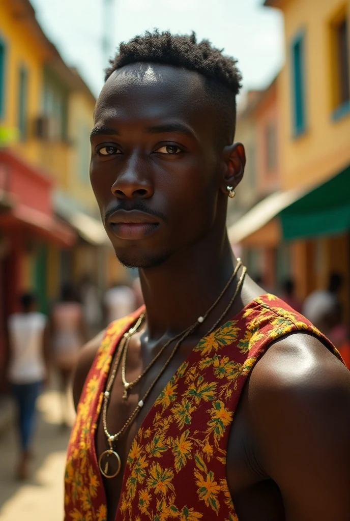 Skinny black teen man character rap to crowd shirtless hair braid