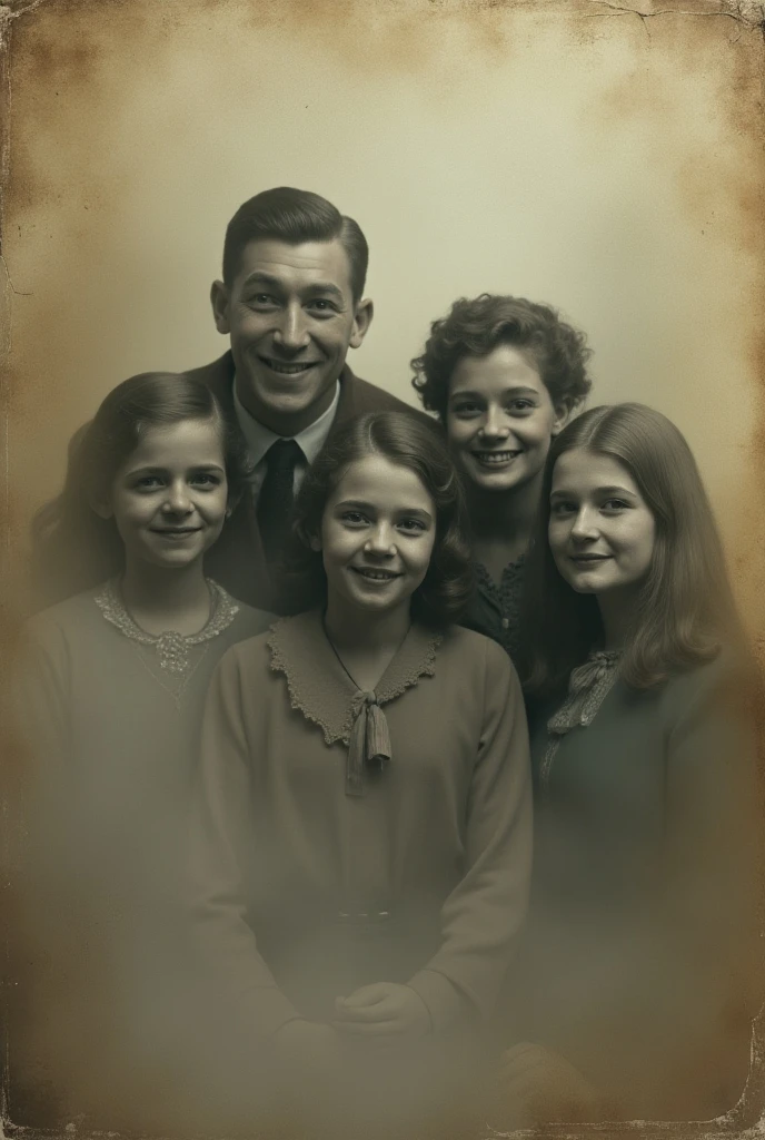In 3D animation estroy'
The Photograph: A close-up of the ancient, worn photograph showing a smiling family from the past, with a mysterious fog creeping around the edges of the image, emphasizing its age and mystery full screen,