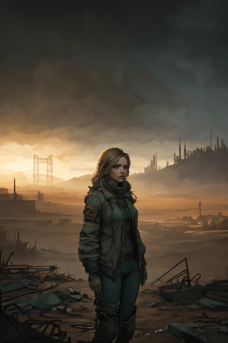 1 person, upper body, (((adult))), (((woman in her 20s))), (((mature))), standing in a wasteland, techno dystopia setting, long dark blonde hair, dark green eyes, serious expression, anime, no mistakes, best anatomy, computer screens in background, masterpiece, hq, hd detailed character, detailed face, intricately detailed, dramatic lighting, dystopian, detailed textures, moody lighting, cinematic composition, (best quality,4k,8k,highres,masterpiece:1.2),ultra-detailed,(realistic,photorealistic,photo-realistic:1.37),intricate details, dramatic shadows