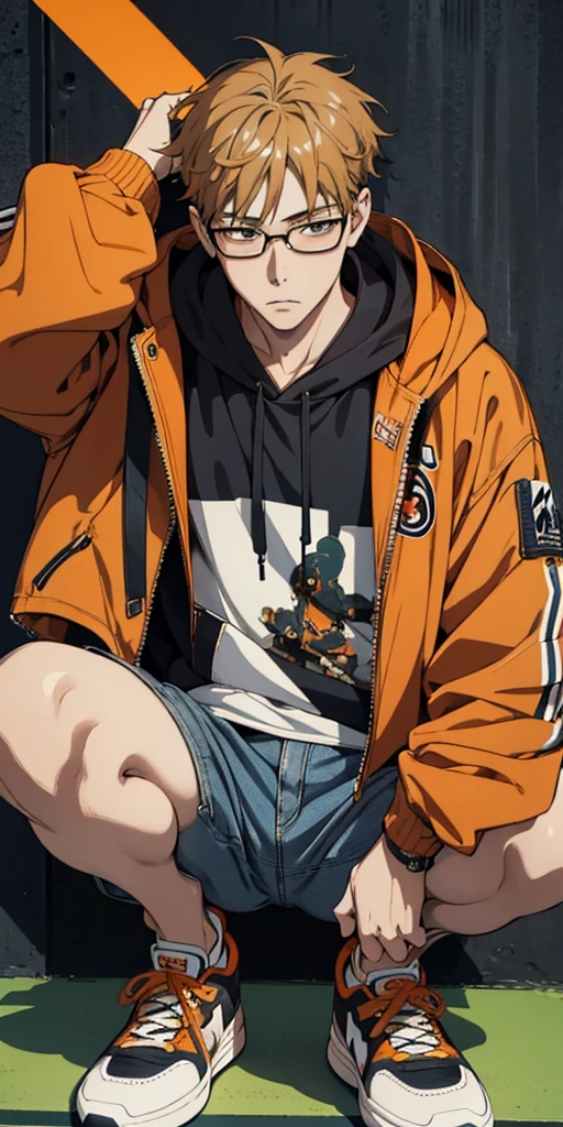  High Resolution ,Fine image quality ,Fine skin,Wearing glasses,Otaku man ,Dark,Looking down, squatting, wears a denim jacket over a white hoodie, sneakers with orange lines 