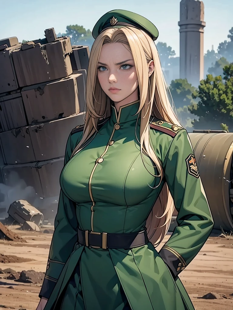 ((masterpiece,best quality)), absurdres, <lora:Fire_Lit_DC_Anime:0.8>, Fire_Lit_DC, on fire, green fire, smile, military uniform, military, soldier, belt, green pants, beret, brown jacket, world war ii, war, military vehicle, battlefield, battle, dust