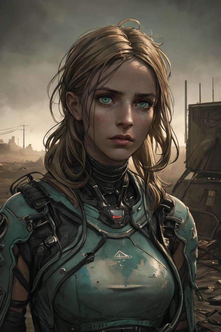 1 person, upper body, (((adult))), (((woman in her 20s))), (((mature))), standing in a wasteland, techno dystopia setting, long dark blonde hair, dark green eyes, serious expression, anime, no mistakes, best anatomy, computer screens in background, masterpiece, hq, hd detailed character, detailed face, intricately detailed, dramatic lighting, dystopian, detailed textures, moody lighting, cinematic composition, (best quality,4k,8k,highres,masterpiece:1.2),ultra-detailed,(realistic,photorealistic,photo-realistic:1.37),intricate details, dramatic shadows