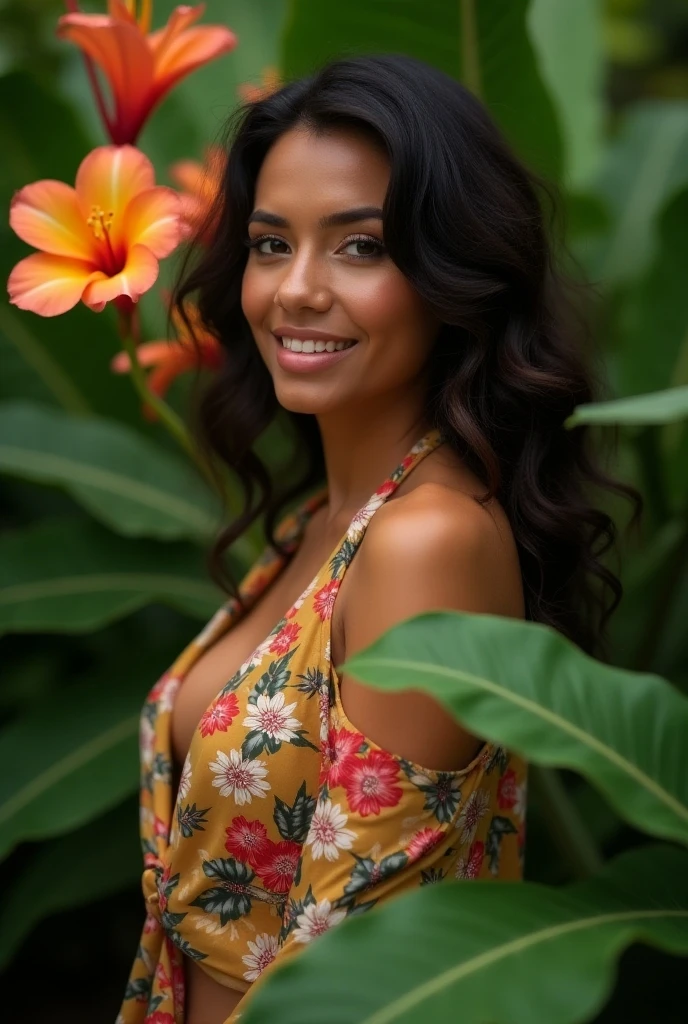 A Brazilian woman in a lush tropical garden, wearing an open shirt with a floral print, with a close-up capturing the harmonious beauty between her breasts and the natural flowers, showing off your natural charm and outgoing personality.