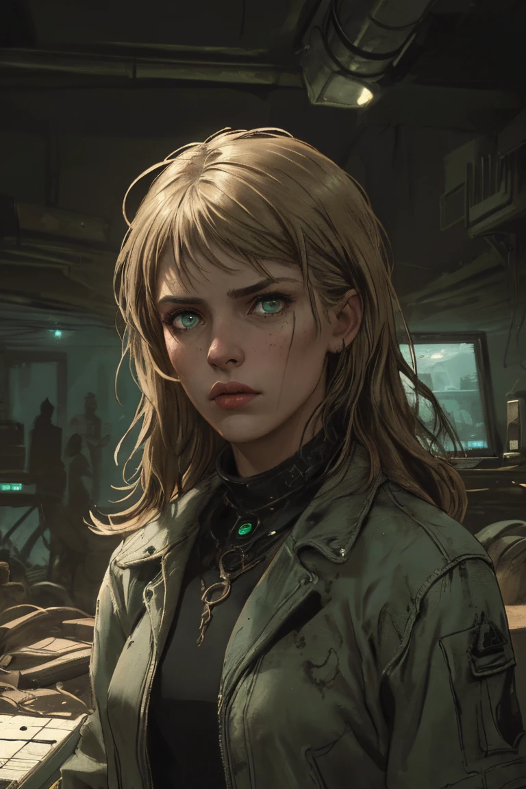 1 person, upper body, (((adult))), (((woman in her 20s))), (((mature))), standing in a wasteland, techno utopia setting, long dark blonde hair, dark green eyes, serious expression, anime, no mistakes, best anatomy, computer screens in background, masterpiece, hq, hd detailed character, detailed face, intricately detailed, dramatic lighting, dystopian, detailed textures, moody lighting, cinematic composition, (best quality,4k,8k,highres,masterpiece:1.2),ultra-detailed,(realistic,photorealistic,photo-realistic:1.37),intricate details, dramatic shadows