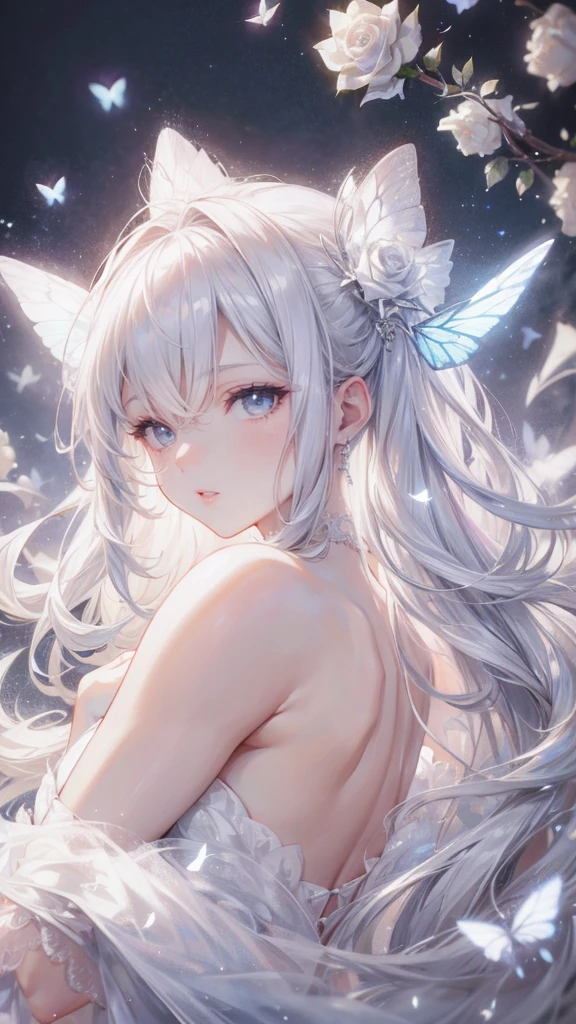 highres, highest quallity, cinematic light, ultra detailed, detailed face, (detailed eyeest quality, hyper detailed, masterpiece, (detailed face),1girl, girl,red eyes, highest details, lumiphius eyes, high breats, sitting, full moon, backlighting, light rays, (high contrast), (colorful),Voluptious body, Good anatomy,iintricate,long hair,in spring,night,Alps,flowers meadows,hyper_galaxy,starry_sky,cloud,phi_wings,bishoujo,light_blush,slit_pupils,slender_waistseductive_smile,absurdres,Gorgeous white formal dress,intricate details,detailed face and eyes,Gorgeous jewelry ornaments,Very Long volumiphius Hair,perfect lighting,white hair,clavicle,Ray traching,ctextured skin,high detal,Best quality 4K,pastelcolor,Fairy skin,