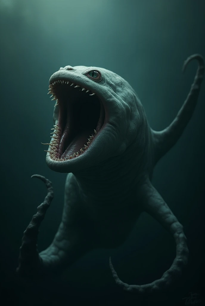 It depicts a huge mysterious sea creature. It is over 100 meters long and its body is made of a dark, shadow-like material that absorbs light and is almost invisible in direct sunlight. Surrounded by darkness even during the day, it is almost invisible, with only a faint light reflecting off of it, and you can see it from the depths of the ocean. This creature is supposed to have an eerie, amorphous shape, with a large, outlineless face appearing throughout the ocean,