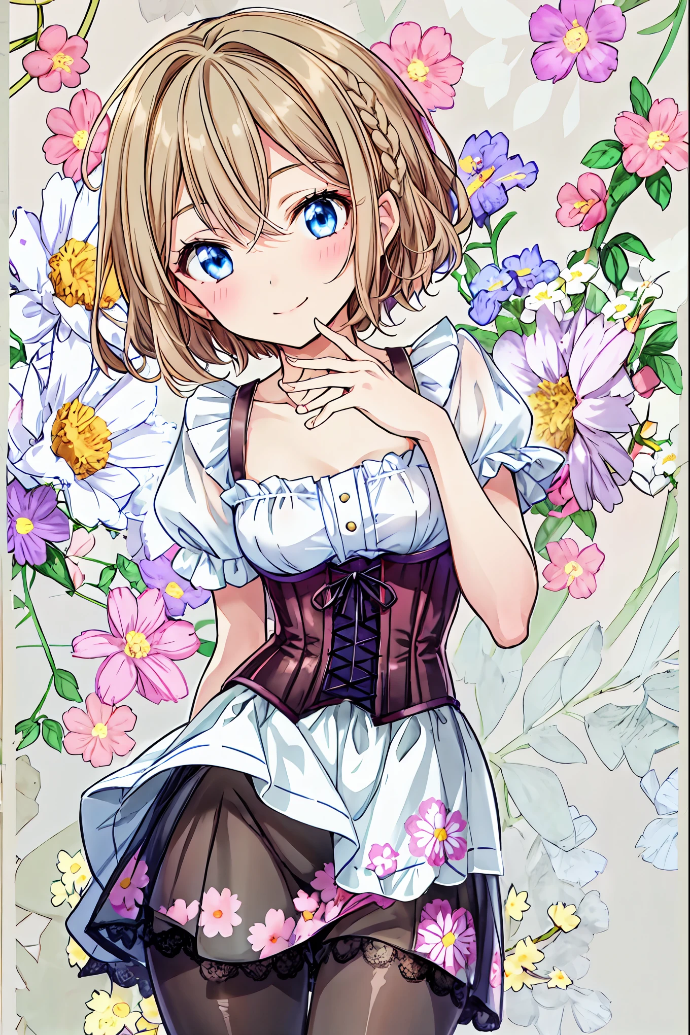 girl,( light brown hair),(short hair),( braid:1.2),((corset)),(pantyhose),Big smile,cute, face close-up ,(Floral Background:1.3),Brown Hair， shortcuts，Messy Hair，Short braided hair，Neat，Slender beauty，Correct posture，Small chest，Beautiful legs， enchanting gray-blue eyes shine like stars，Droopy eyes，Vibrant colors, beautiful eyes,A delicate smile,Textured Skin, best quality , gentle and beautiful woman ,Anime Style､