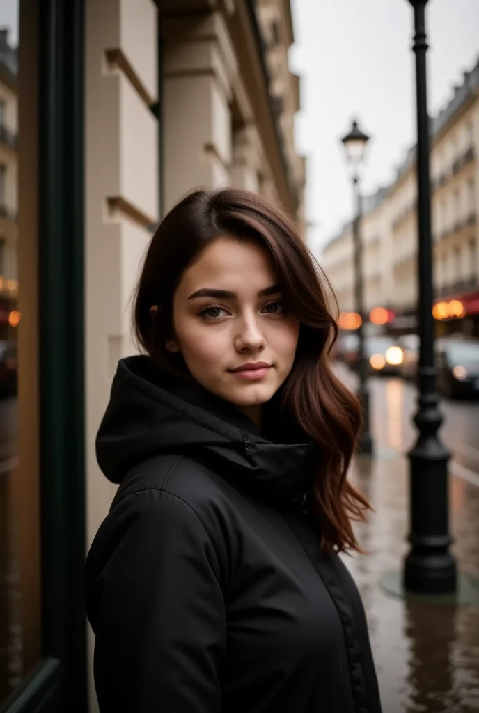 This is a high-resolution photograph of a young woman named maia with long, wavy brown hair, partially covering her face. She has an oval face with delicate features, including high cheekbones, almond-shaped eyes, and full lips. Her skin tone is light, with a smooth texture. She is wearing a black, hooded winter coat with a high collar, suggesting it is cold outside. The coat appears to be made of a thick, water-resistant material.

The background features a Parisian street scene with a blurred, bokeh effect. The woman is standing near a building with a glass window, which reflects the street lights and adds a soft glow to the scene. The building has a beige facade with ornate details, typical of Parisian architecture. To the right, there is a streetlamp with a black pole, and the blurred background reveals other buildings with warm, yellow lights indicating they are occupied.

The overall mood of the photograph is intimate and contemplative, with a focus on the woman's expression and the subtle textures of her coat and hair. The photograph captures the essence of a chilly urban day in Paris, blending the modern and the classic.