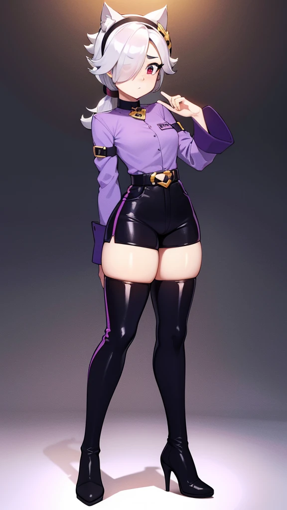 (Highly detailed CG), (highest quality), One girl, Perfect Face, absurdly Long Hair, Bright Eyes, (Beautiful, detailed eyes), Shiny skin, Shiny skin, Wide Hips, Tight waist, Retaking Black Coat, One eye is covered,boots,High collar,,mask,black gloves,Hair on one eye,gloves,Long Hair, indoor, teeth,teeth focus, Recall,Purple eyes,No pants、Small, tight panties、White panties、On all fours、Stick your ass out from behind