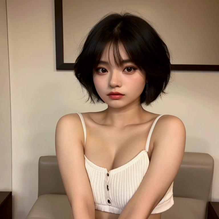 (top-quality、masterpiece、超A high resolution、Photorealsitic、lighting like a movie:1.3)、japanese beautiful woman、((beautifull detailed face、double eyelid、long lashes、bob cuts))、(The satin shirt was so revealing that all of her breasts were visible、livingroom、Luxury leather sofa:1.2)、(ultra gigantic tits:1.5)