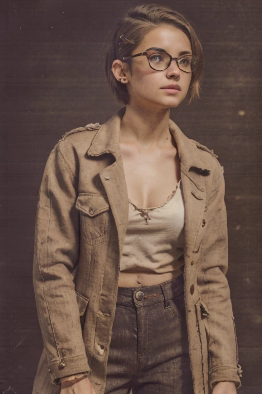 
Postapocalyptic world, 1 strong musular circle-faced brown-eyed woman in glasses, like a teenage Young with natural soft very tiny junior breast, brown disheveled hair, short dirty hair, butch undercut dishevelled pixie hairstyle, tomboy hair, dressed an unbuttoned frayed holey burlap jacket and spacious trousers made of burlap on naked body, no underwear, bracelets made of natural materials , military boots, no makeup, no earrings, stop on the way, abandoned village, serious expression, ((masterpiece quality)) perfect lighting, realistic photography