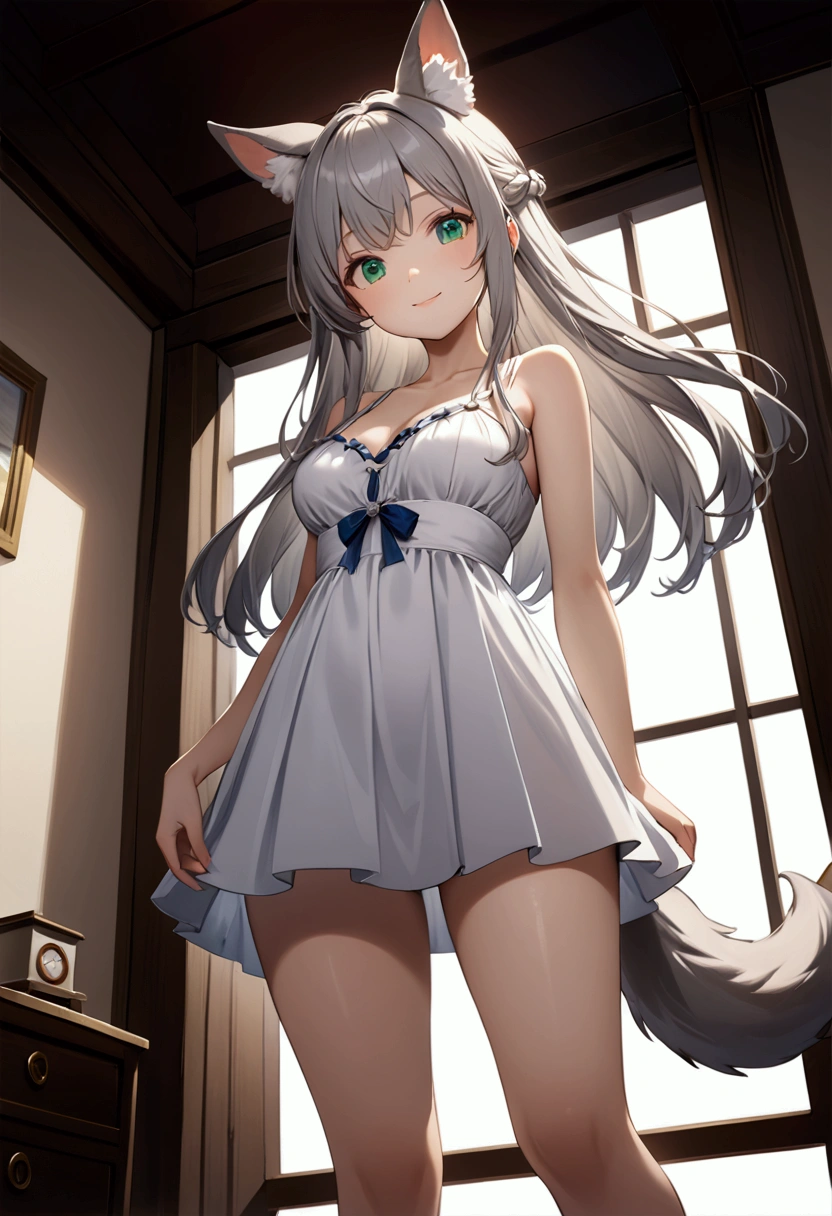  1 girl 、cute、green eyes, Gray Hair, Long Hair,  like fur ,Animal ears,Tail、White Dress、  Mini Pleated Skirt 、 masterpiece、Noise Reduction、 Perfect Anatomy、 High Resolution 、Super detailed、Game CG、 Dutch Angle 、  beautiful details 、 visual art、Perfect hands、Bright lighting、smile、Daytime、  fantasy 、 bedroom 、window、Streetscape、 standing、View from below