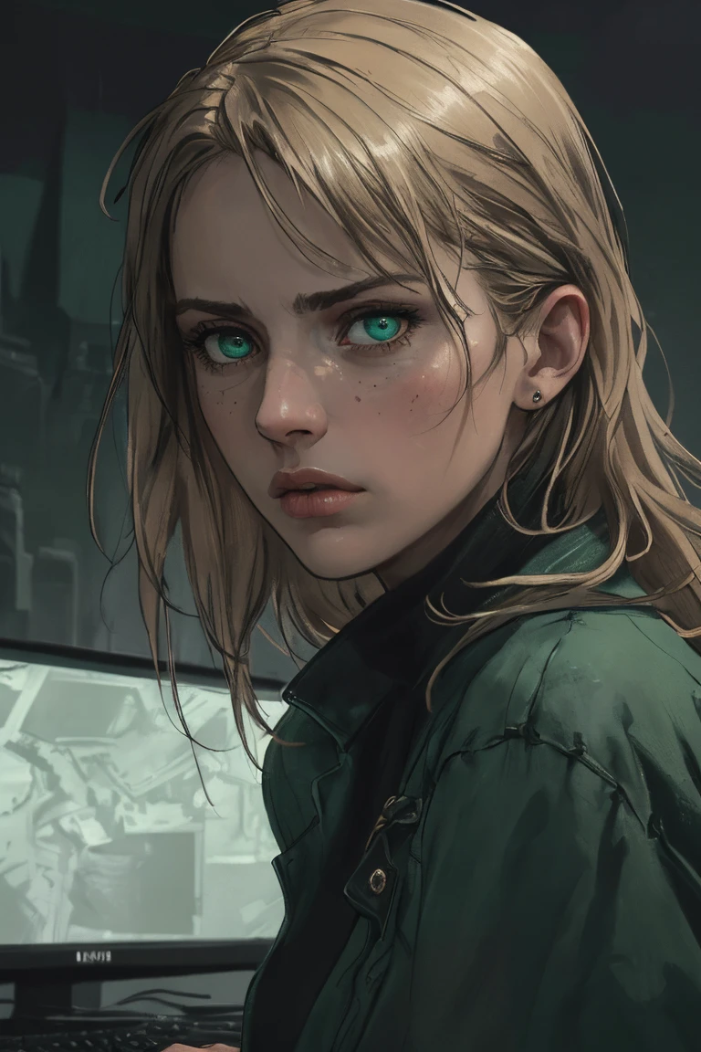 1 person, upper body, (((adult))), (((woman in her 20s))), (((mature))), techno utopia setting, long dark blonde hair, dark green eyes, serious expression, anime, no mistakes, best anatomy, computer screens in background, masterpiece, hq, hd detailed character, detailed face, intricately detailed, dramatic lighting, dystopian, detailed textures, moody lighting, cinematic composition, (best quality,4k,8k,highres,masterpiece:1.2),ultra-detailed,(realistic,photorealistic,photo-realistic:1.37),intricate details, dramatic shadows