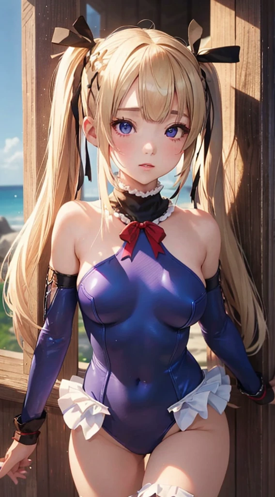 super high quality、Best Quality、masterpiece、 very cute、Marie Rose、 Shiny Beautiful Blonde 、beautiful hair with highlights、( very small breasts)、 long twin tails 、Purple swimsuit、Red ribbon、 very beautiful face 、Detailed face、Detailed eyes、(Bust Up)、Light from the front、Proof directly 