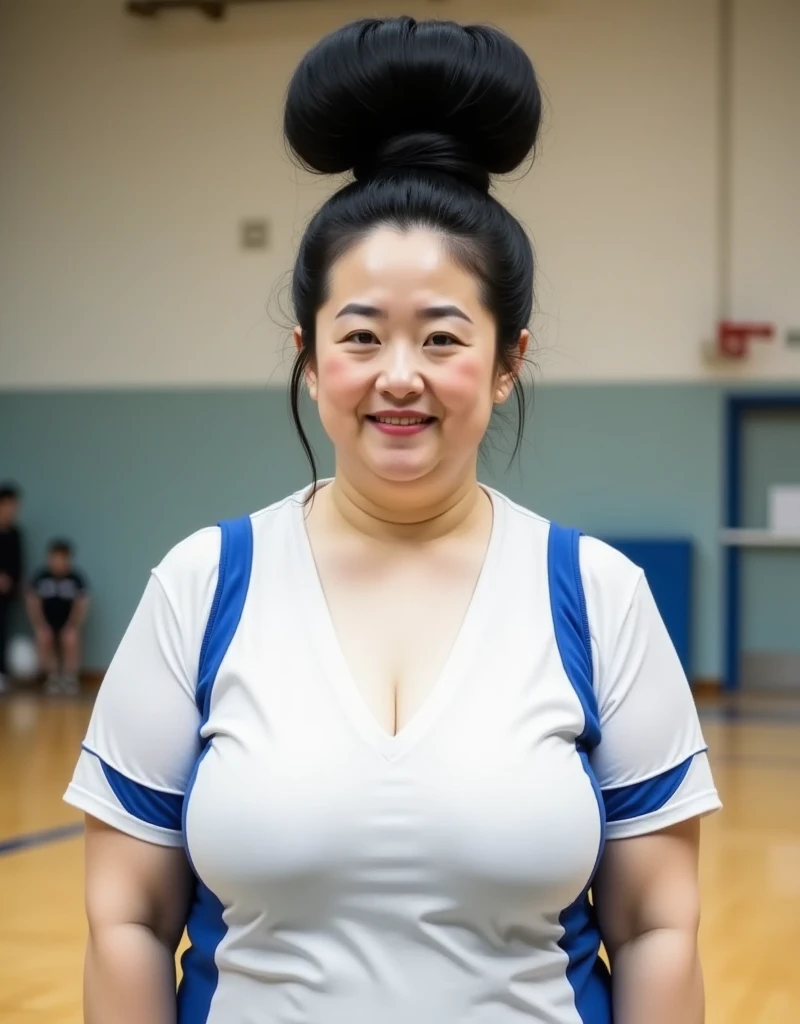 8k,Highest quality, masterpiece, Ultra-high resolution,(masterpiece:1.6, Highest quality), Intricate details, (1 female), Middle-aged woman in her 50s, japanese, full body, top of head,((jet Black Hair)) ,((An Absurdly  gigantic hair bun, Very big hair bun:1.5)), ((forehead:1.5)),(Tortoiseshell hair clip:1.5), extremely obese, Fat face, round face, Saggy face, crow's feet wrinkies, (((Super huge breasts:1.8))), (((super Saggy breasts:1.8))), ((cleavage:1.6)),((pale skin, shiny skin)),  A mature woman with a ridiculously huge hair bun is playing volleyball, WHITE AND BLUE VOLLEYBALL UNIFORM ,White Shoes, Volleyball court in the gym