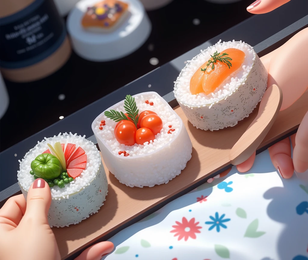 there is a fake woman in a bikini with sushi on it, eating sushi, Inspiration from hyper-realistic food images, [ Real photos ]!!, sushi, Full body close-up, Japanese model, beast, Japanese, Sweet artwork, tasty, Her belly button is exposed., Made of candy