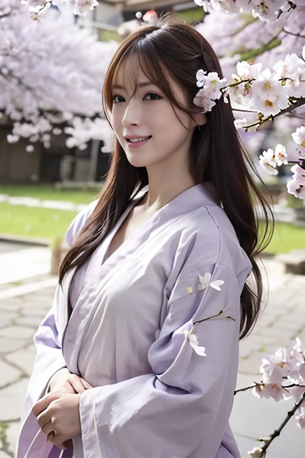 ((photorealistic:1.3)),((ultra detailed)),((sharp:1.2)),((cinematic light)),1girl, solo,(grin), Transparent skin,fein detailed face,long hair, cherry blossom, hanami, white flower, white flower, wisteria,flower, plum blossoms, outdoors, falling petals, black eyes, white kimono, purple hairsumi,(yukata), starlight hair,hair down,full body,Gravure Model Pose、((Hair soaring in the wind)),
