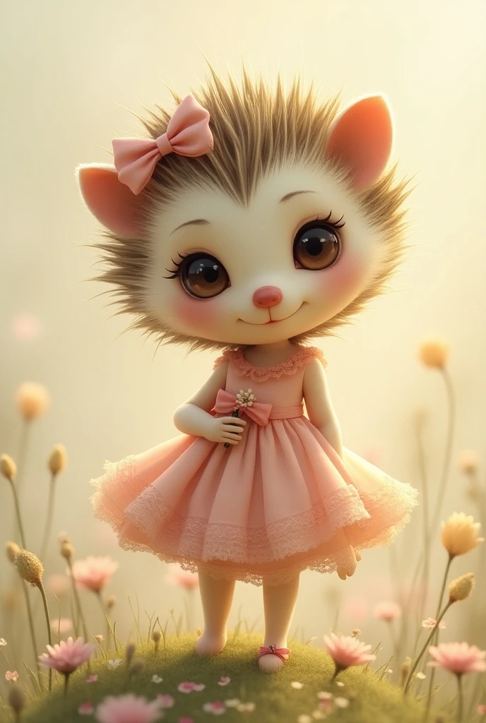 Cute kawaii chibi pretty Tender niña bunny furry girl brown eyes Full body with a very cute vestido pink sitting in a park