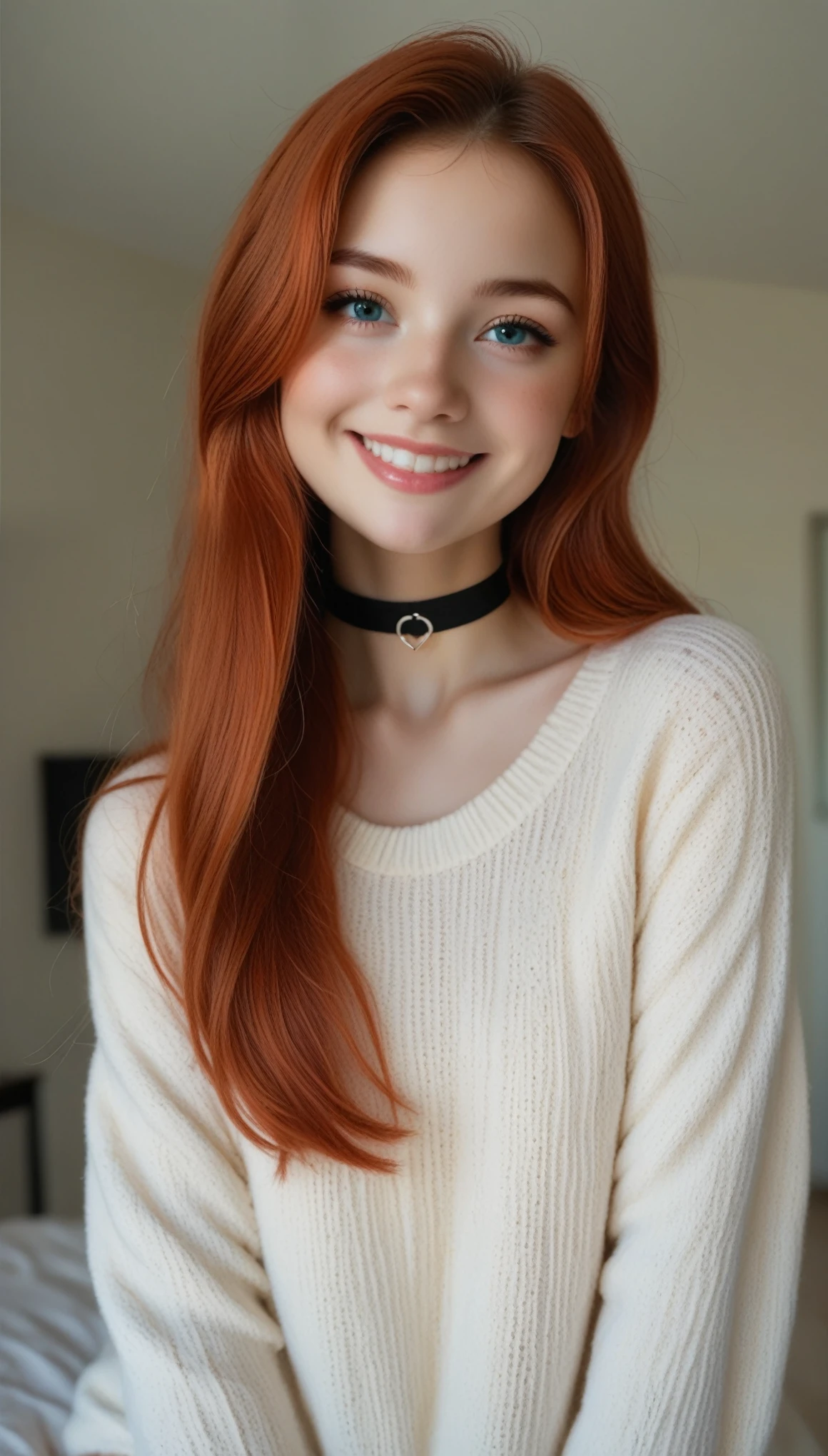 (((Solo Girl))) ( 1 girl) , Full Body Shot,  shot from below , RAW Photos, (yo skinny redhead girl:1.2), ((ba ((intense red hair)) (( very long hair)),  blanking, Graphic Eyeliner, Rouge, (lipstick:0.6), ( choker:0.9),  realistic skin texture ,  Oversized Knitted Sweater , (red:0.8), Softcore,  Warm Lighting ,  Cozy Atmosphere , Instagram Style, nsfw , Naive, shy, short, thin, fit, beautiful, cute, Pale skin, ((A little smile)) (( blanking smile)), 

