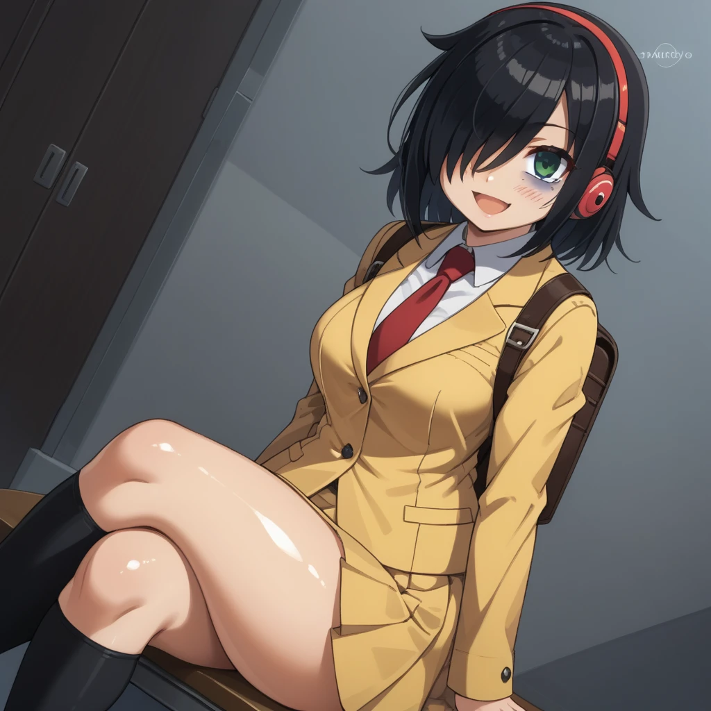 score_9, score_8_up, score_7_up,, solo, source_anime, tomokoxl, bags under eyes, hair over one eye black hair, medium hair, school uniform, red necktie, yellow skirt, short skirt, pleated skirt, yellow jacket, standing, cowboy shot, sitting, crossed legs, thick thighs, shiny skin, focus in crossed legs, underwear, white underwear, shiny underwear, lace underwear, white lace underwear, shiny lace underwear, panties, white panties, shiny panties, only crossed legs pose, sexy crossed legs, perfect crossed legs, sexy legs, big thighs, oiled thighs, oiled legs, smile, open mouth, glowing green eyes, evening time, dark room, breast, big breast, sheer knee highs, black knee highs, black sheer knee highs, backpack, leather backpack, brown backpack, focus in crossed legs, focus in legs, blushing, no shoes, cute feet, cute legs, panchira, huge legs, huge thighs, headphones, blue headphones, Beats Studio headphones, blue Beats Studio headphones, Multiple Views, Dutch Angle,