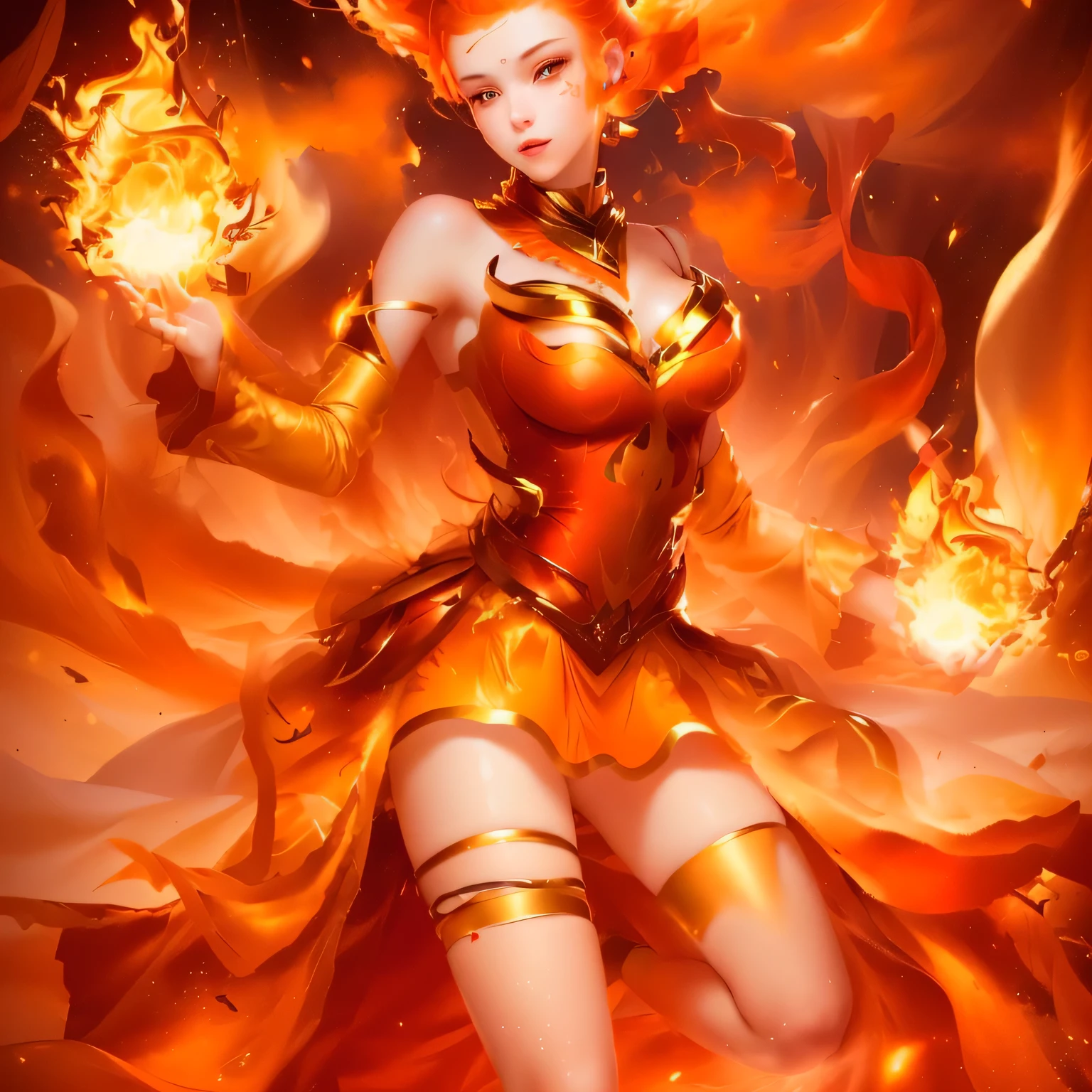lina, 1girl, flames, fireball, full body, small breasts, cleavage, RAW Photo, perfect face, narrow waist, best quality, detailed face, (masterpiece), 8k illustration, bare legs, high heels, microskirt, red thighhighs, revealing clothes, cleavage, cleavage cutout, young, dota background, <lora:Linav0.2:0.5>