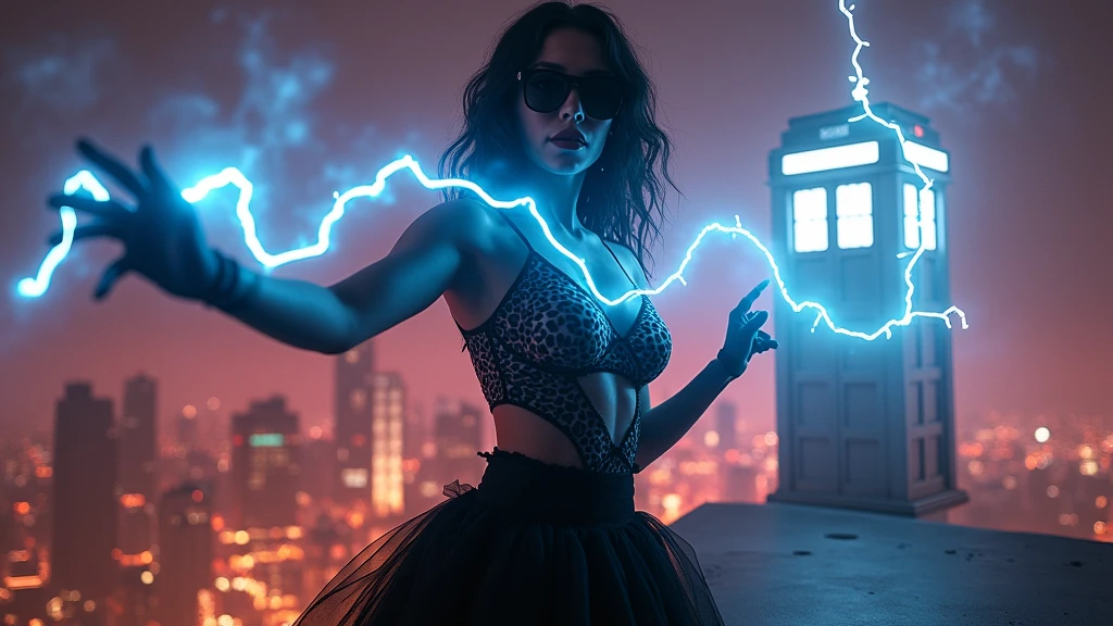 A futuristic cityscapes with colorful all-glass giant towering skyscrapers. High-resolution OLED GUI interfaces in the building, The windows are filled with transparent data visualization infographics that show it all, from weather patterns to traffic flow, Matrix cascading code. Colors are saturated and vibrant. At night, (1 female modern conjurer, solo), photo realistic, medium-breast:1.3 slim body, cleavage, sling top, miniskirt, (matrix style black sunglasses, magic power, mysterial sign, lightning), half-body thigh level medium shot, cinematic lighting, ray tracing.