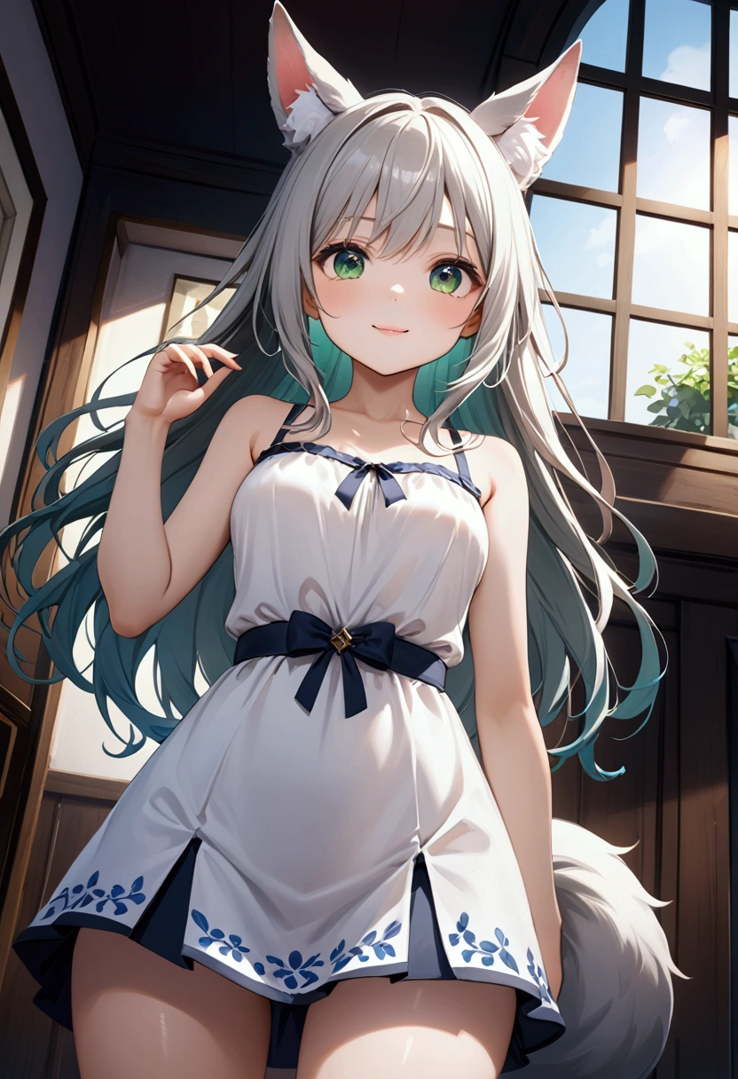  1 girl 、cute、green eyes, Gray Hair, Long Hair,  like fur ,Animal ears,Tail、White Dress、  Mini Pleated Skirt 、 masterpiece、Noise Reduction、 Perfect Anatomy、 High Resolution 、Super detailed、Game CG、 Dutch Angle 、  beautiful details 、 visual art、Perfect hands、Bright lighting、smile、Daytime、  fantasy 、 bedroom 、window、Streetscape、 standing、View from below