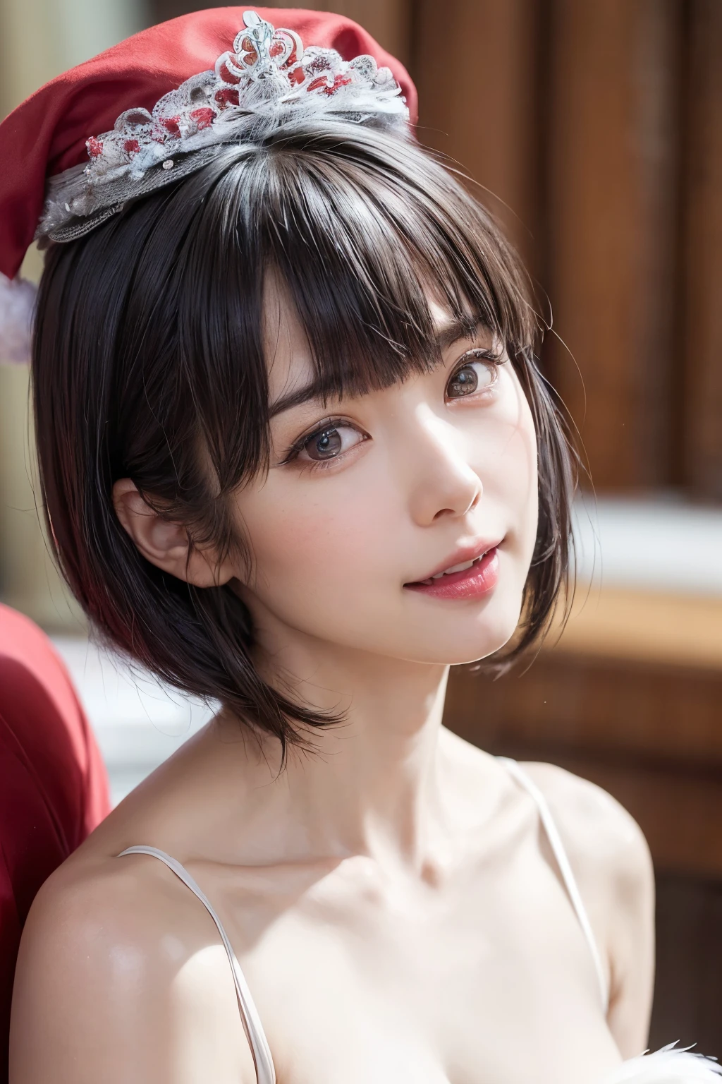 (From the back:1.4、Tabletop:1.4、highest quality:1.4、Best image quality:1.4、Cute beautiful adult woman, Adult smile:1.4、Beautiful Teeth、Lip gloss、Short Brunette Bob、Shiny shiny hair、Has shiny bangs:1.4、bangs:1.4、length, shiny shorthair、length neck:1.4、Show me your ears、Tall Supermodels、Broad shouldered supermodel、{Huge|big|Huge|Mega} chest:2, Beautiful chest have cleavage:2)、(very beautiful back、Cute school girl、Off-the-shoulder white see-through shirt、Checkered sheer loop pleated short skirt、28 years old)、Very cute and attractive woman、very beautiful back、Perfect Anatomy