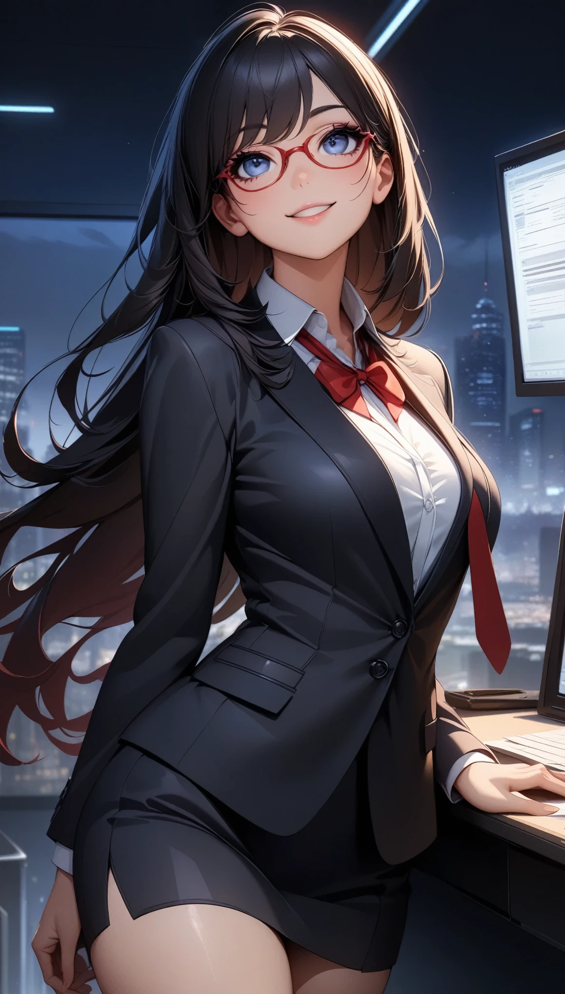  Sexy Office Lady , (1 Female),  Erotic, Black Hair,  Long Straight Hair , smile, Look at me, Looking up,  cowboy shot, Detailed face and body,  beautiful detailed eyes,  Beautiful Detailed Lips ,  very detailedな目と顔,  long eyelashes,  red framed glasses ,  Dramatic Moody Lighting,  dark color, Chiaroscuro,  Dramatic Composition, Night Office Background :1.1, (Best Quality,  very detailed,  super high definition,  high detail, masterpiece:1.2).