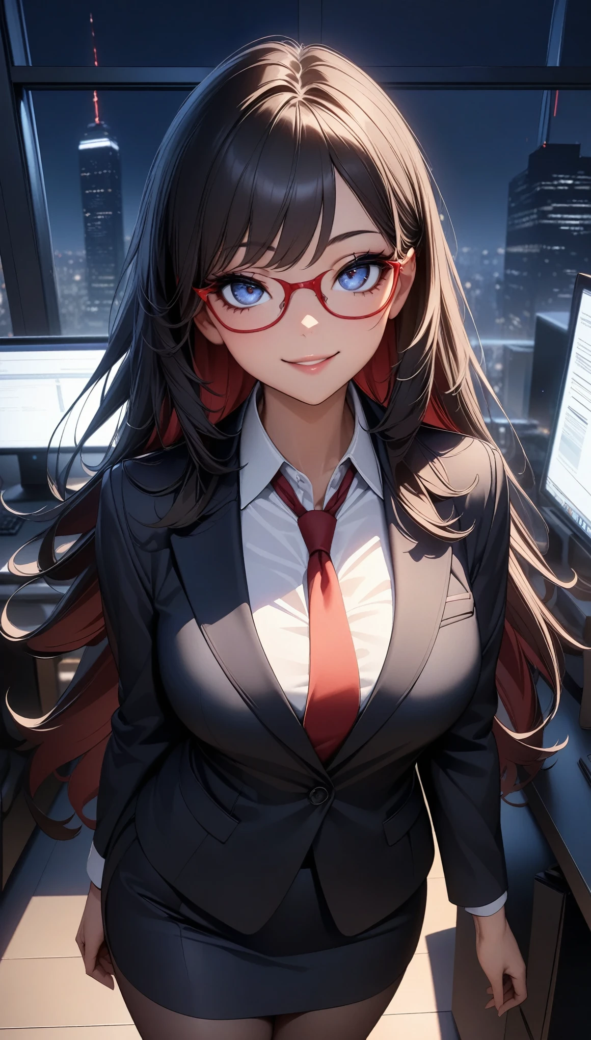  Sexy Office Lady , (1 Female),  Erotic, Black Hair,  Long Straight Hair , smile, Look at me, Looking up,  cowboy shot, Detailed face and body,  beautiful detailed eyes,  Beautiful Detailed Lips ,  very detailedな目と顔,  long eyelashes,  red framed glasses ,  Dramatic Moody Lighting,  dark color, Chiaroscuro,  Dramatic Composition, Night Office Background :1.1, (Best Quality,  very detailed,  super high definition,  high detail, masterpiece:1.2).