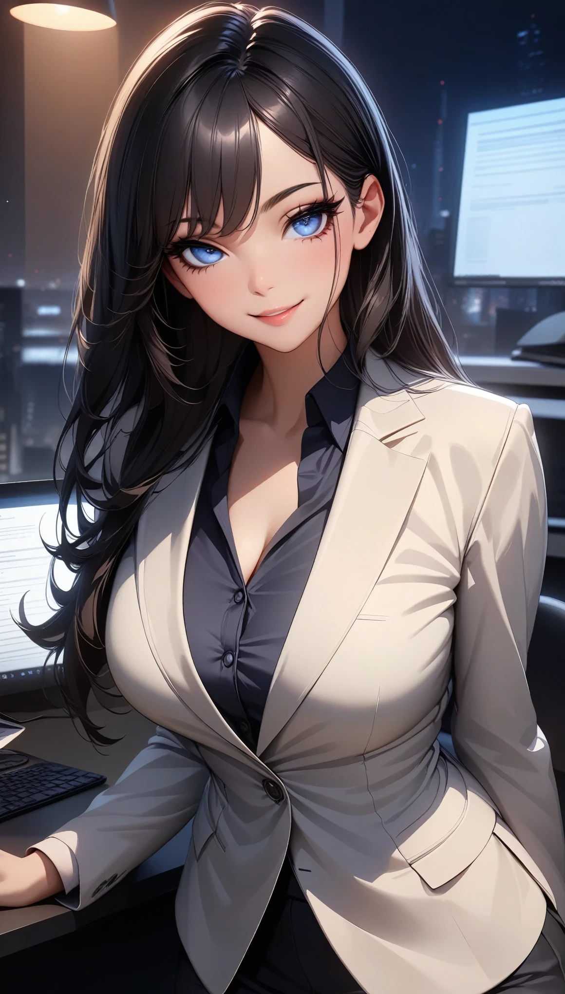  Sexy Office Lady , (1 Female),  Erotic, Black Hair,  Long Straight Hair , smile, Look at me,  cowboy shot, Detailed face and body,  beautiful detailed eyes,  Beautiful Detailed Lips ,  very detailedな目と顔,  long eyelashes,  red framed glasses ,  Dramatic Moody Lighting,  dark color, Chiaroscuro,  Dramatic Composition, Night Office Background :1.1, (Best Quality,  very detailed,  super high definition,  high detail, masterpiece:1.2).