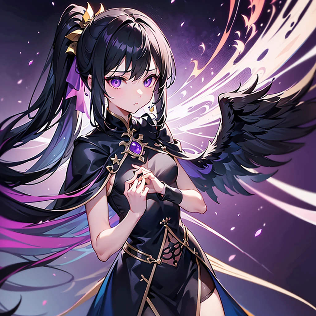 1 .9((Alone))(long side ponytail 1.8)((small breasts1.*****ung Body 1.2、Long black hair 1.5、Purple Eyes 1.5、1 dressed in worn out black wizard clothing.8、 The Magician Girl with the Big Winged Angel Metatron 1.3、