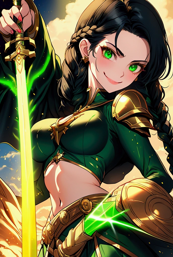 fair skinned, black hair, green eyes, abs, androgynous, jade skirt, light armor, sorceress, casting magic