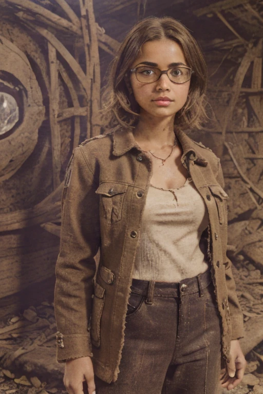 
Postapocalyptic world, 1 strong musular circle-faced brown-eyed woman in glasses, like a teenage Young with natural soft very tiny junior breast, short shaggy unevenly cropped very tousled dirty brown hair, tomboy hair, dressed an unbuttoned frayed holey burlap jacket and spacious trousers made of burlap on naked body, no underwear, bracelets made of natural materials , military boots, no makeup, no earrings, stop on the way, abandoned village, serious expression, ((masterpiece quality)) perfect lighting, realistic photography