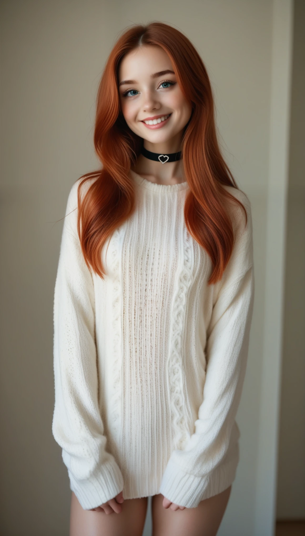 (((Solo Girl))) ( 1 girl) , Full Body Shot, shot from below , RAW Photos, (yo skinny redhead girl:1.2), ((ba ((intense red hair)) (( very long hair)), blanking, Graphic Eyeliner, Rouge, (lipstick:0.6), ( choker:0.9), realistic skin texture , Oversized Knitted Sweater , (red:0.8), Softcore, Warm Lighting , Cozy Atmosphere , Instagram Style, nsfw , Naive, shy, short, thin, fit, beautiful, cute, Pale skin, ((A little smile)) (( blanking smile)),