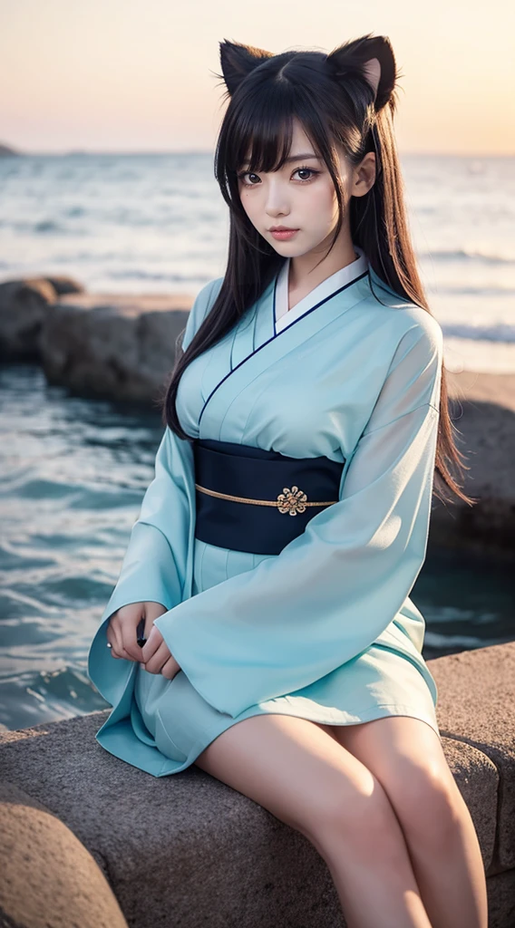 ((​masterpiece))), (((top-quality))), ((ultra-detailliert)), (A hyper-realistic), (High Definition CG Illustration), ciinematic light, Photorealsitic,Very beautiful young lady, light make-up, Intricate details EABA, White complex cloak, dynamicposes, spear、quaint、japanes、Gorgeous kimono、baby-face、background is kyoto、Top image quality、