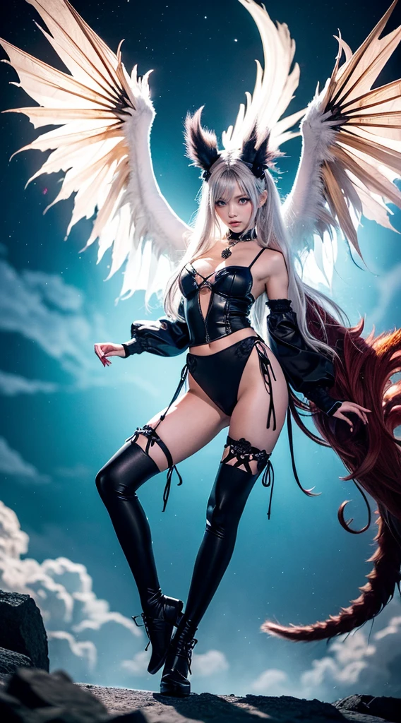 [monochrome: soft color: 0.6] theme, (masterpiece), (best quality), (detailed), light layer, glossy skin, (detailed intricate, stretched clothes, demon wings, hair ornament: 1.2), from above, gold hair, black choker, long hair, hime cut, straight bangs, side locks, green eyes, holding sickle, holding sword, (mature female: 1.1), [uncensored, NSFW,, (lactation), side ponytail BREAK (single bottom:1.1),